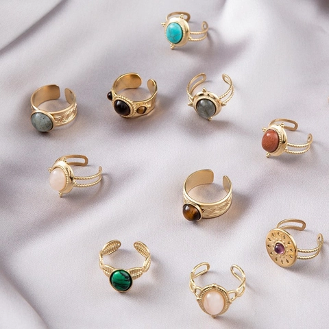 Vintage Bohemian Turquoise Adjustable Ring Stainless Steel Gold Plated Geometric Natural Stone Finger Jewelry For Women