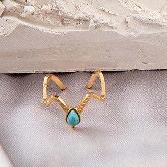 Vintage Bohemian Turquoise Adjustable Ring Stainless Steel Gold Plated Geometric Natural Stone Finger Jewelry For Women