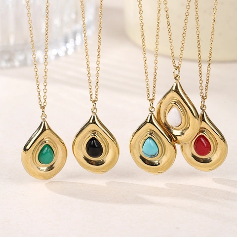 Collier Pendentif Goutte d'Eau en Acier Inoxydable Vintage Pierre Naturelle Plqué Or Bohème Bijoux Cadeau Pour Femmes