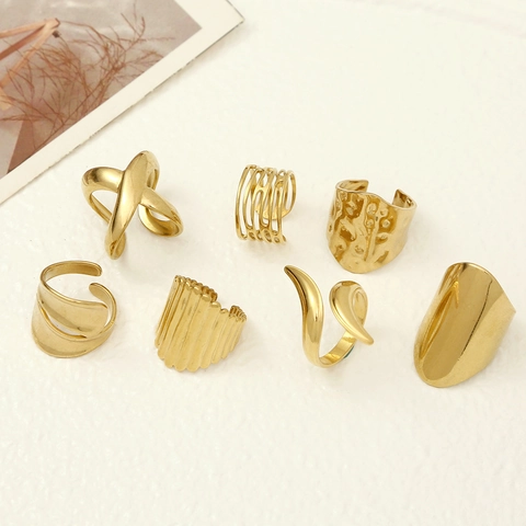 Anelli Aperti Geometrici Irregolari Acciaio Inossidabile Placcato Oro Minimalista Traforato Croce A X Texture Martellata Regolabile Per Donne