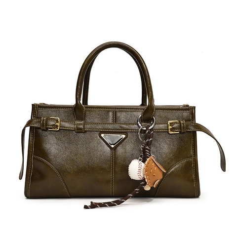 Vintage PU Leren Handtas Voor Dames Retro Schouder Crossbody Tas Met Honkbal Hanger Metalen Driehoek Decoratie