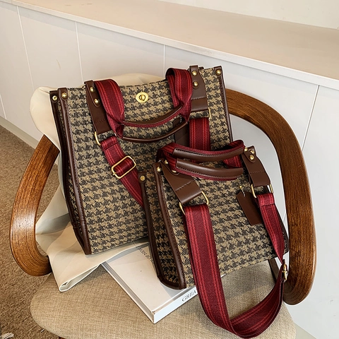 Women Vintage Tote Bag Houndstooth Checkerboard Leopard Print Woven Fabric PU Leather Trim Gold Turn Lock Large Capacity Daily Commuter