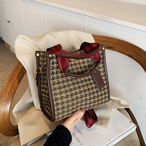 Women Vintage Tote Bag Houndstooth Checkerboard Leopard Print Woven Fabric PU Leather Trim Gold Turn Lock Large Capacity Daily Commuter
