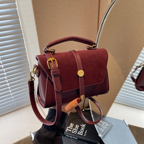 Borsa A Tracolla Moda Donna Vintage Pelle PU Scamosciata Patchwork Borsa A Mano Con Manico Bottone Dorato Tondo Patta Quadrata