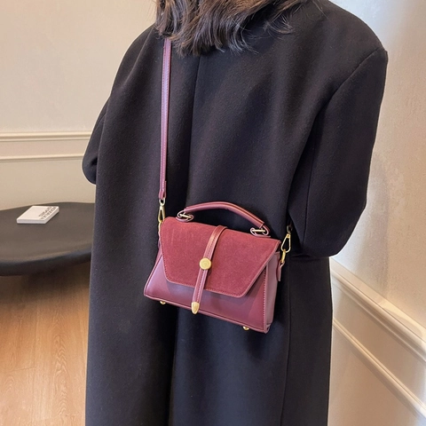 Borsa A Tracolla Moda Donna Vintage Pelle PU Scamosciata Patchwork Borsa A Mano Con Manico Bottone Dorato Tondo Patta Quadrata