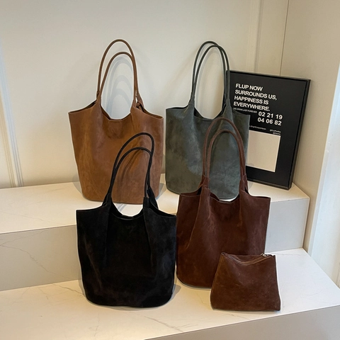Borsa Tote Da Donna Grande Capacità Consistenza Scamosciata Minimalista Vintage Borsa A Tracolla In Pelle PU