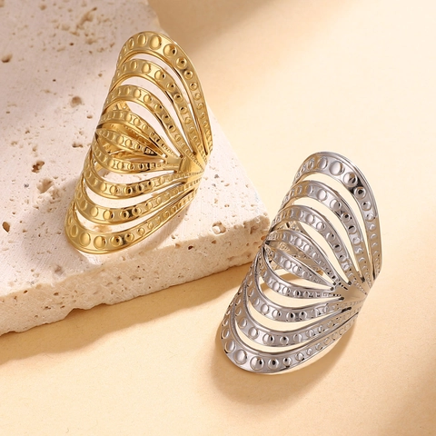 Anello Fascia Larga Multistrato Traforato Acciaio Inossidabile Irregolare Rilievo Pois Vintage Boho Gioielli Donna Uomo