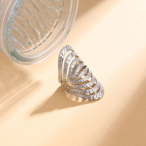 Anello Fascia Larga Multistrato Traforato Acciaio Inossidabile Irregolare Rilievo Pois Vintage Boho Gioielli Donna Uomo