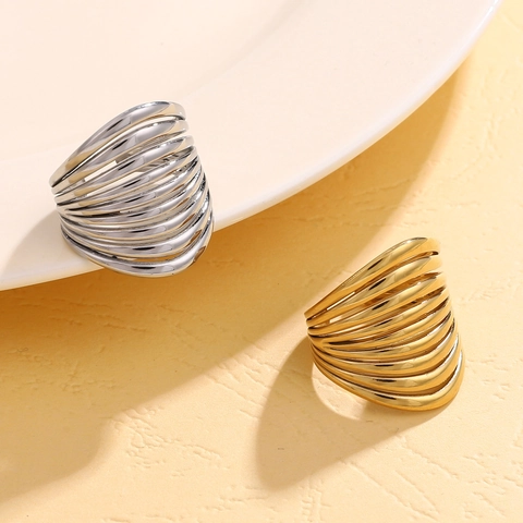 Wide Band Ring Stainless Steel Adjustable Open Multi Layer Hollow Lines Geometric Exaggerated Minimalist Jewelry For Women Men