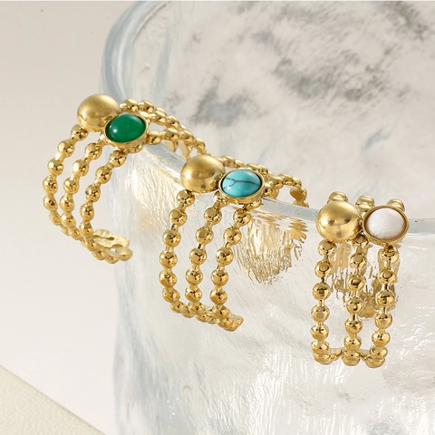 Mehrlagige Titanstahl Offene Ringe Für Damen Böhmische Naturstein Perlen Verstellbare Vintage Vergoldeter Schmuck