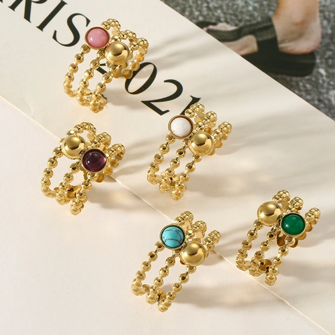 Mehrlagige Titanstahl Offene Ringe Für Damen Böhmische Naturstein Perlen Verstellbare Vintage Vergoldeter Schmuck