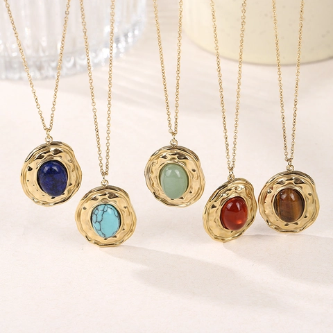 Vintage Vergoldete Edelstahl Anhänger Halskette Naturstein Oval Hammered Textur Retro Hof Stil Für Frauen
