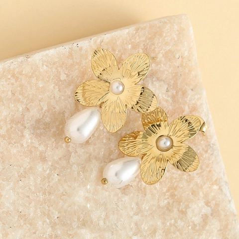 Franse Vintage 3D Bloem Kunstparel Drop Oorbellen Roestvrij Staal Geborstelde Textuur Voor Dames Elegante Sieraden