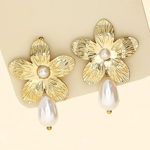 Franse Vintage 3D Bloem Kunstparel Drop Oorbellen Roestvrij Staal Geborstelde Textuur Voor Dames Elegante Sieraden