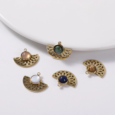 Collana Cava A Forma Di Ventaglio Acciaio Inossidabile Ciondolo Pietra Naturale Rotonda Gioielli Bohémien Retrò Donne