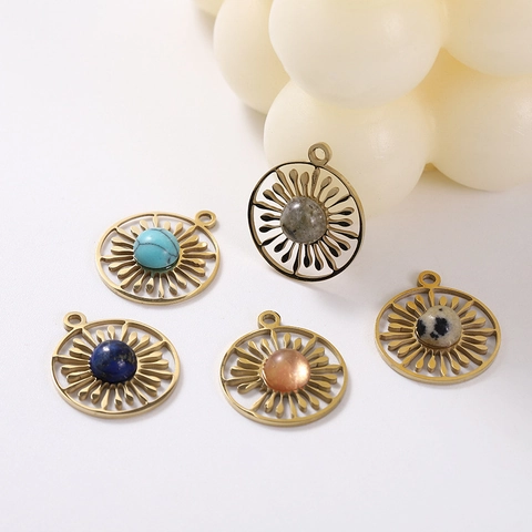 Boho Sonnenblume Anhänger Hohl Rund Edelstahl Mit Naturstein Charm Für DIY Schmuckherstellung Vintage Stil