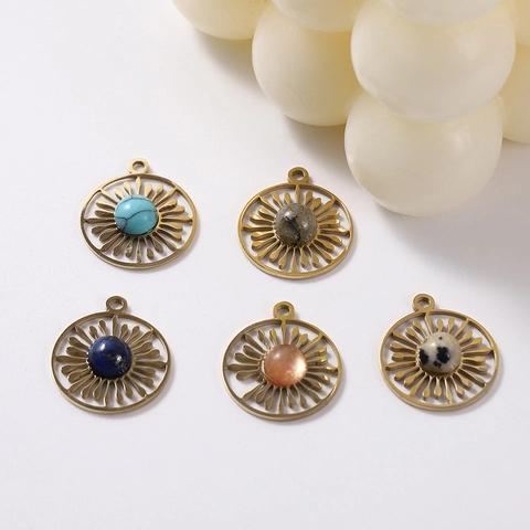 Boho Sonnenblume Anhänger Hohl Rund Edelstahl Mit Naturstein Charm Für DIY Schmuckherstellung Vintage Stil