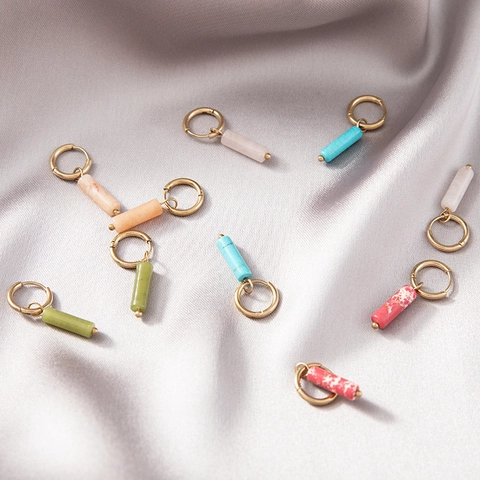 Pendientes De Aro De Acero Inoxidable Con Colgante Cilíndrico De Piedra Natural Joyería Geométrica Chapada En Oro Para Mujer