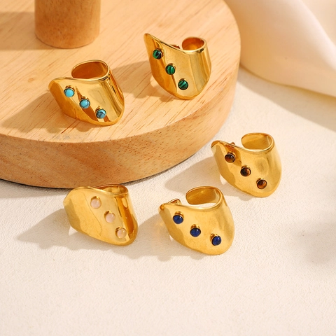 Onregelmatige Golfband Ring 18K Verguld Roestvrij Staal Drie Natuurlijke Steen Inlay Franse Retro Verstelbaar Open Sieraden
