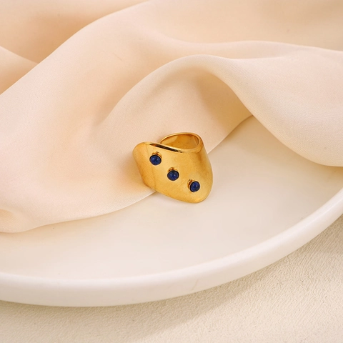 Onregelmatige Golfband Ring 18K Verguld Roestvrij Staal Drie Natuurlijke Steen Inlay Franse Retro Verstelbaar Open Sieraden