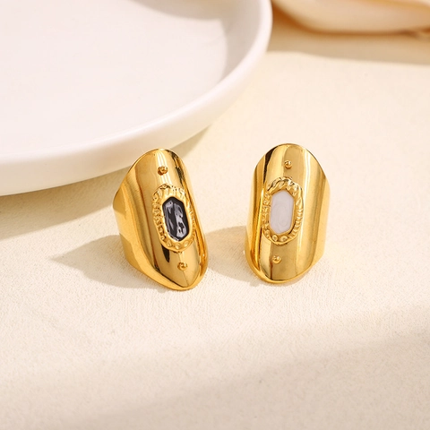 Wide Band Shield Ring Stainless Steel Gold Plated Enamel Geometric Adjustable Open Jewelry Retro Bohemian Style