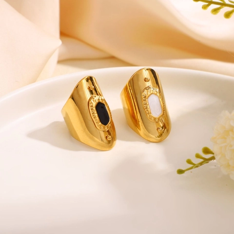 Wide Band Shield Ring Stainless Steel Gold Plated Enamel Geometric Adjustable Open Jewelry Retro Bohemian Style