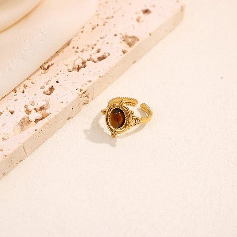 Vintage Open Ring Stainless Steel Natural Stone Rhinestone Adjustable Bohemian Court Style Jewelry For Women