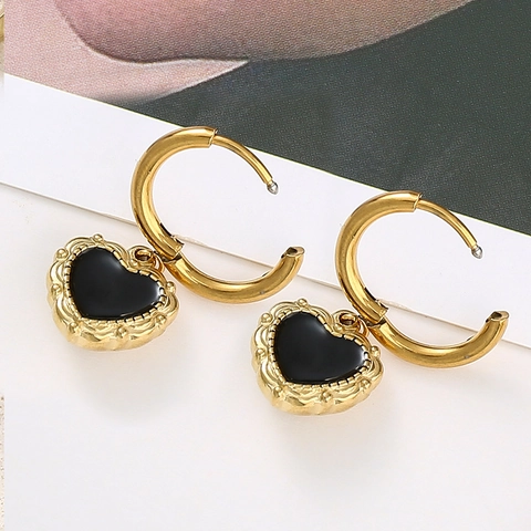 Vintage Heart Pendant Hoop Earrings Stainless Steel Vacuum Gold Plated Black Enamel Baroque Flower Pattern For Women