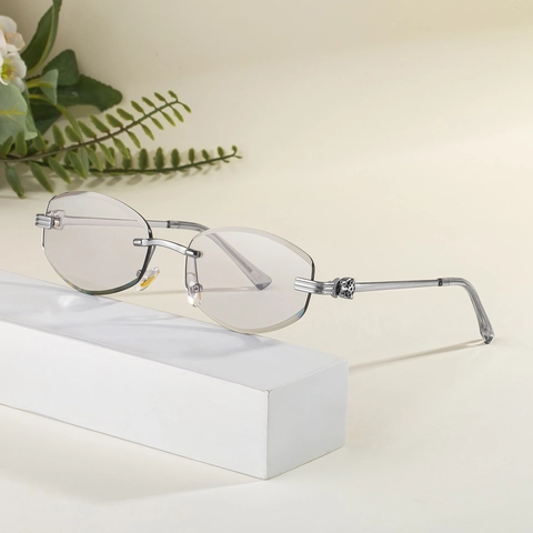 Gafas De Sol Ovaladas Sin Montura Mujer Lujo Decoración Pantera Patilla Metal Fotocromáticas Lentes Cambio Color UV