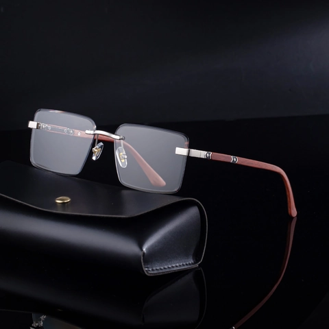 Randlose Rechteckige Photochromatische Sonnenbrille Mit Holzmaserung Bügeln Und Metallsteg UV400 Schutz Luxus Brillen