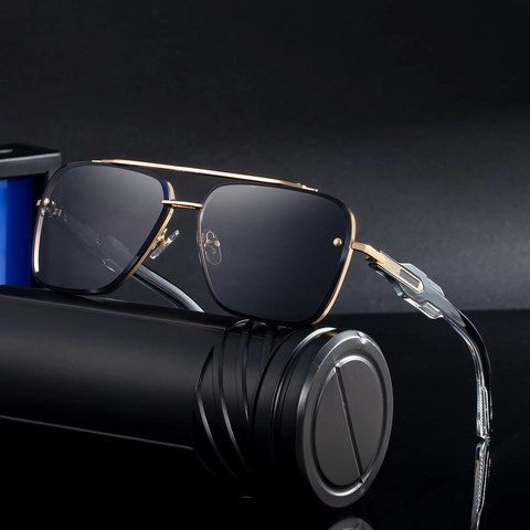 Modieuze Rechthoekige Zonnebril Metalen Dubbele Brug Frame PC Lens UV400 Bescherming Retro Luxe Trendy Stijl Voor Heren