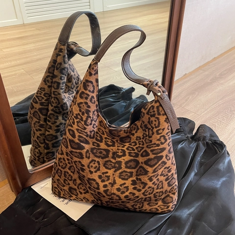 Große Damen-Einkaufstasche Aus Geprägtem Kunstleder Und Leopard-Stoff Vintage Pendler-Hobo-Schultertasche