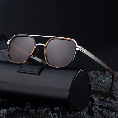 Vintage Square Polarized Sunglasses Men Women Double Bridge Stainless Steel Metal Frame UV400 Driving Outdoor Fashion Eye Wear