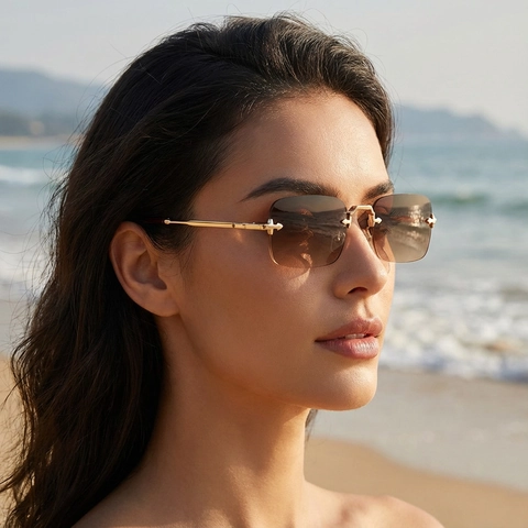 Lunettes De Soleil Rectangulaires Sans Monture Rétro Branches En Métal Protection UV400 Mode Luxe Carrées Hommes Femmes