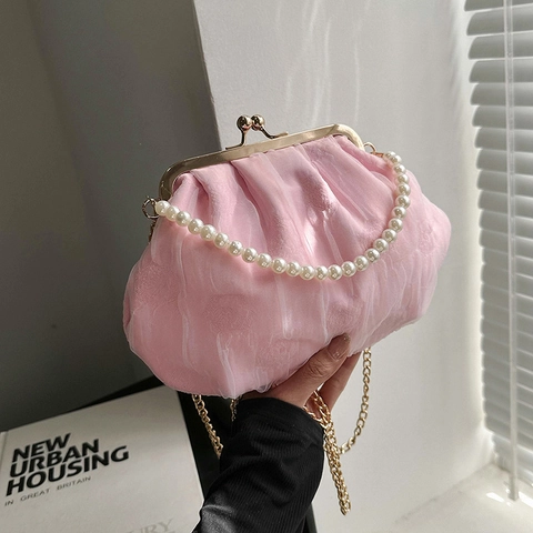 Pleated Lace Mesh Shoulder Bag With Artificial Pearl Handle Gold Metal Chain Kiss Lock Evening Handbag For Women