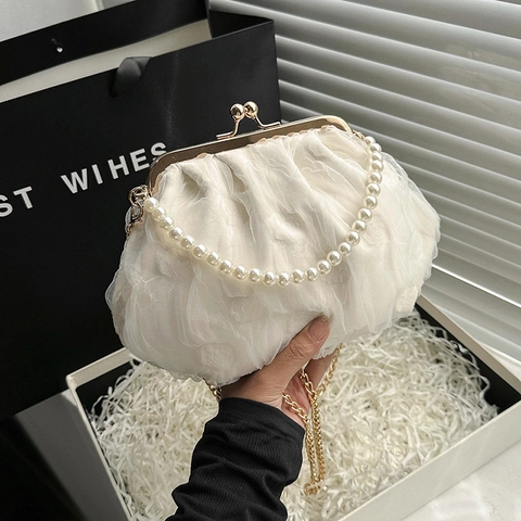 Pleated Lace Mesh Shoulder Bag With Artificial Pearl Handle Gold Metal Chain Kiss Lock Evening Handbag For Women