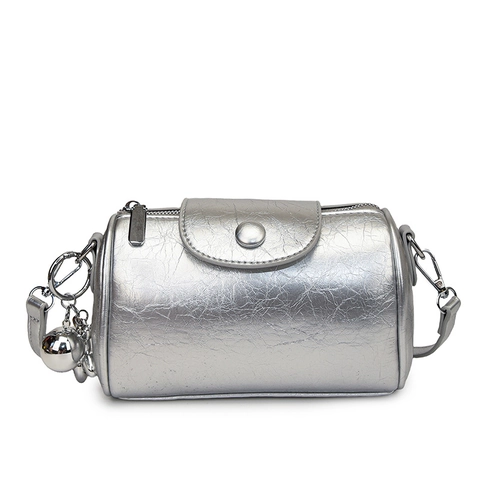 Women Cylindrical Crossbody Bag Metallic PU Leather Retro Shoulder Bag With Metal Pendant Zipper Flap Urban Fashion