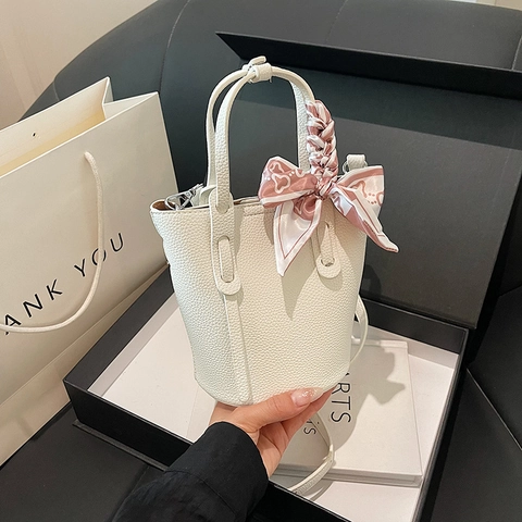 Borsa A Secchiello Mini Moda Donna Trama Litchi Pelle PU Con Sciarpa Di Raso Decorativa Tracolla Rimovibile Borsa A Tracolla
