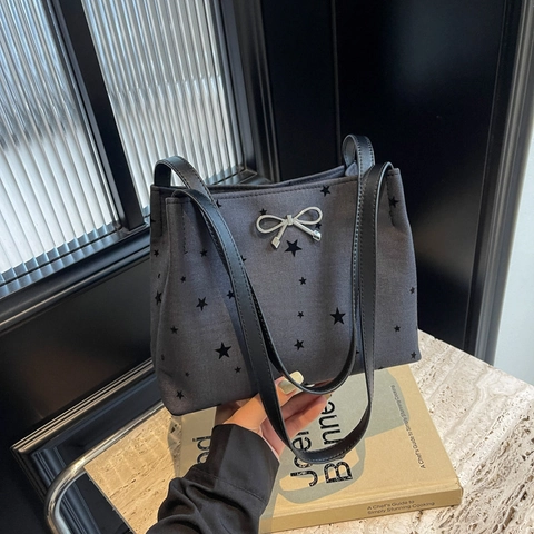 Canvas Schultertasche Für Damen Mit Stern Herz Muster Und Metall Schleife Dekoration Schicker Daily Tote Bag