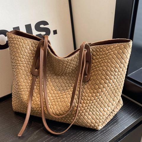 Gewebte Tragetasche Mit Großer Kapazität PU-Leder Schultertasche Vintage Minimalistisch Für Damen