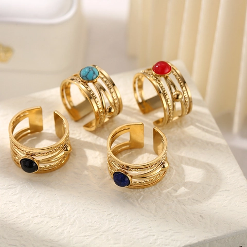 Geometrischer Mehrlagiger Offener Ring Edelstahl Vergoldet Stein Verstellbarer Boho Vintage Schmuck Für Damen Herren