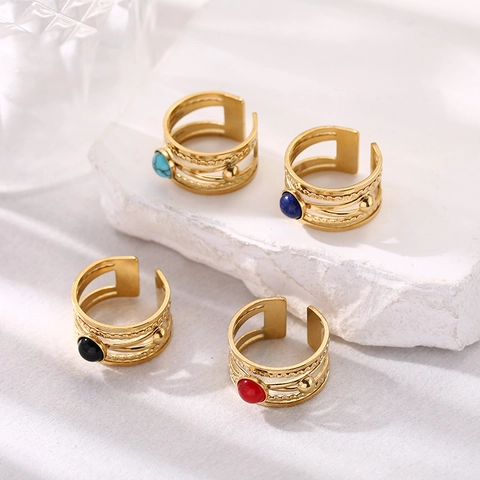 Geometrischer Mehrlagiger Offener Ring Edelstahl Vergoldet Stein Verstellbarer Boho Vintage Schmuck Für Damen Herren