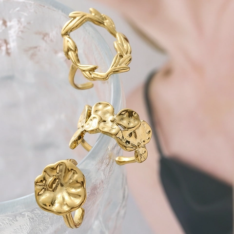 Hammerschlag Edelstahl Offener Ring 18K Vergoldet Unregelmäßig Hohl Textur Verstellbarer Fingerschmuck Damen
