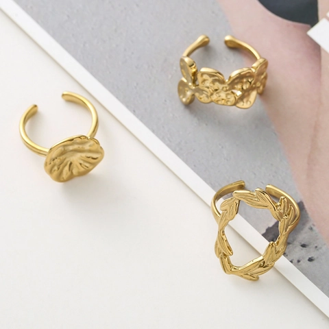 Hammerschlag Edelstahl Offener Ring 18K Vergoldet Unregelmäßig Hohl Textur Verstellbarer Fingerschmuck Damen