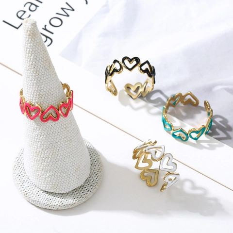 Anillo Corazón Hueco Acero Inoxidable Esmalte Aceite Goteo Ajustable Joyería De Dedo Estilo Ins Francés Dulce Minimalista Mujeres