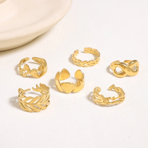 Anello Aperto Regolabile Dorato Acciaio Inossidabile Texture Irregolare Infinito Foglia Design Geometrico Accessorio Moda Minimalista