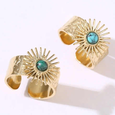 Anello Aperto Retrò In Acciaio Inossidabile Con Pietra Naturale Fascia Larga Martellata Gioielli Boho Regolabile