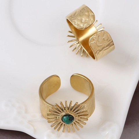Anello Aperto Retrò In Acciaio Inossidabile Con Pietra Naturale Fascia Larga Martellata Gioielli Boho Regolabile