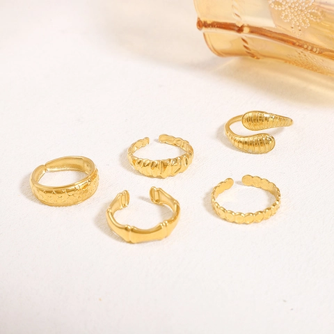 Geometric Open Adjustable Rings Stainless Steel Gold Plated Snake Bamboo Star Pattern Minimalist Jewelry For Women Men