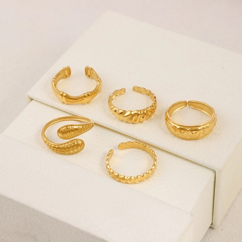 Geometric Open Adjustable Rings Stainless Steel Gold Plated Snake Bamboo Star Pattern Minimalist Jewelry For Women Men